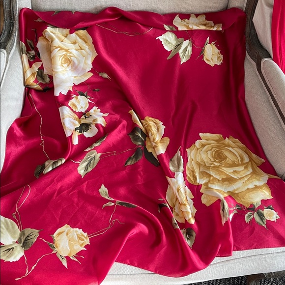 Vintage Oscar de la Renta red with yellow roses silk scarf
